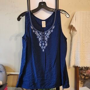 Faded Glory Blue Tank Top with Embroidered Neckline and Hip Gather